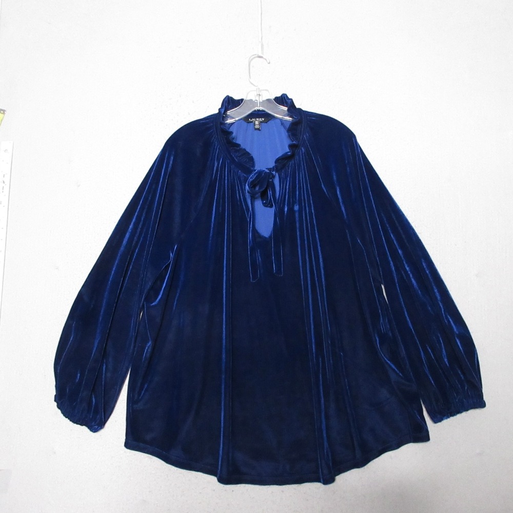 Lauren Ralph Lauren Top 3X Blue Velvet Ruffle Tie Neck Holiday Boho Old Money - Picture 2 of 9